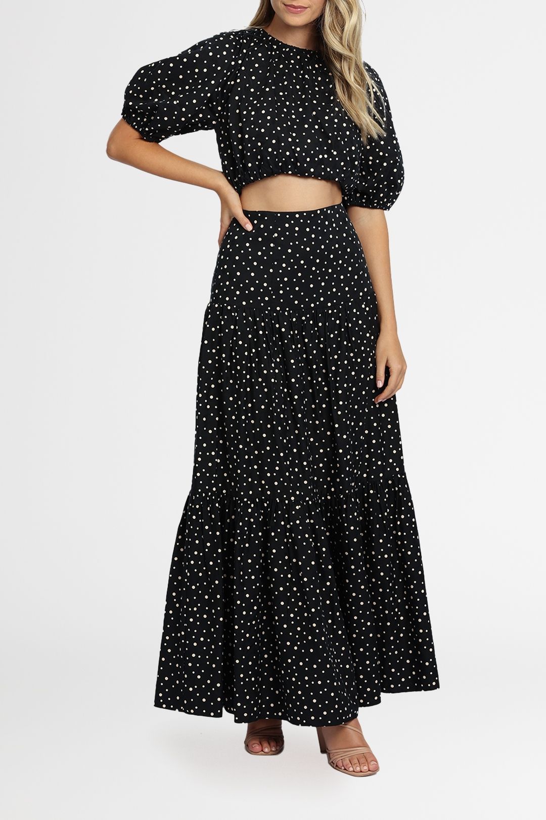 Significant Other Poppy Top and Skirt Set Black Cream Polka cropped maxi