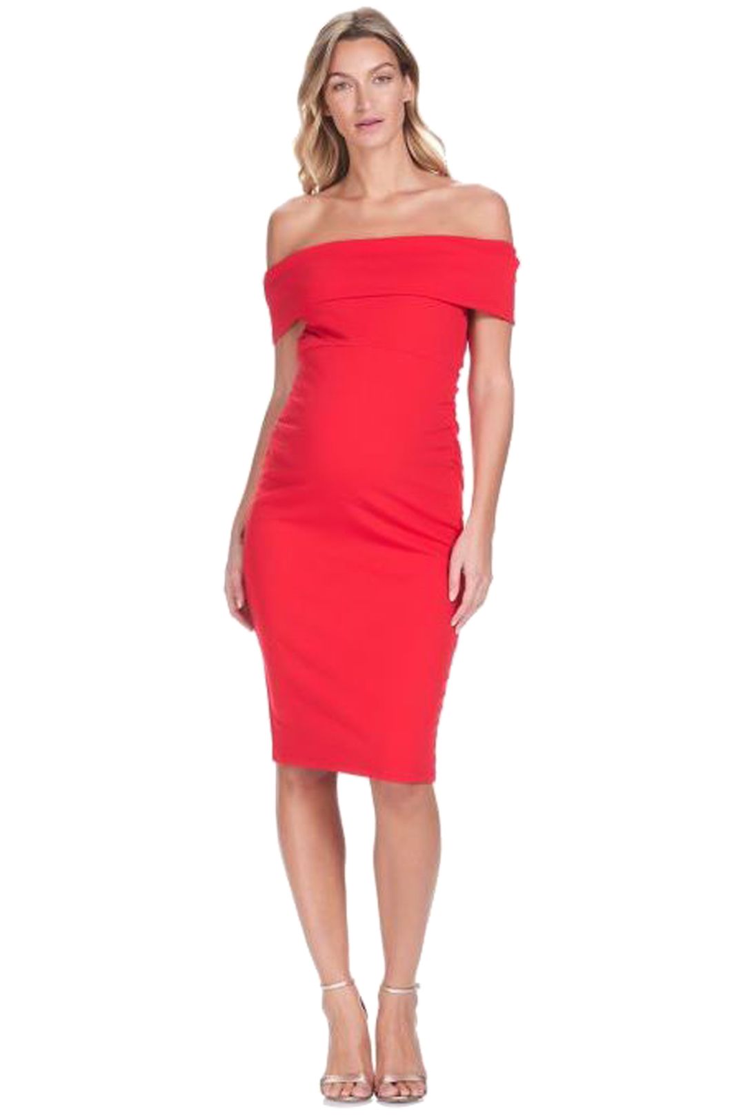 Soon-Maternity-Claire-Off-Shoulder-Dress-Red-Front