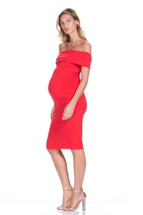 Soon-Maternity-Claire-Off-Shoulder-Dress-Red-Side