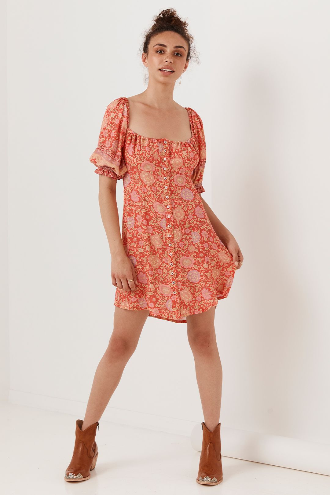 Spell Love Story Mini Dress Red Coral Floral Straight Neckline