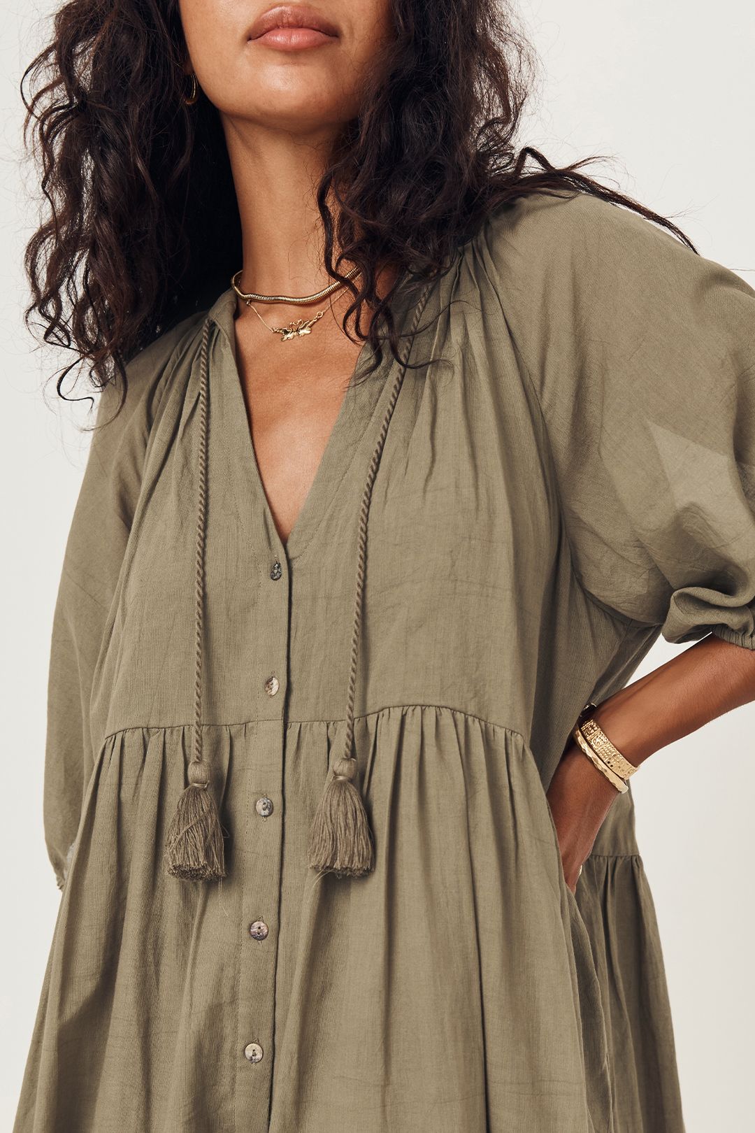 Spell Honey Smock Dress Olive Tie Neck