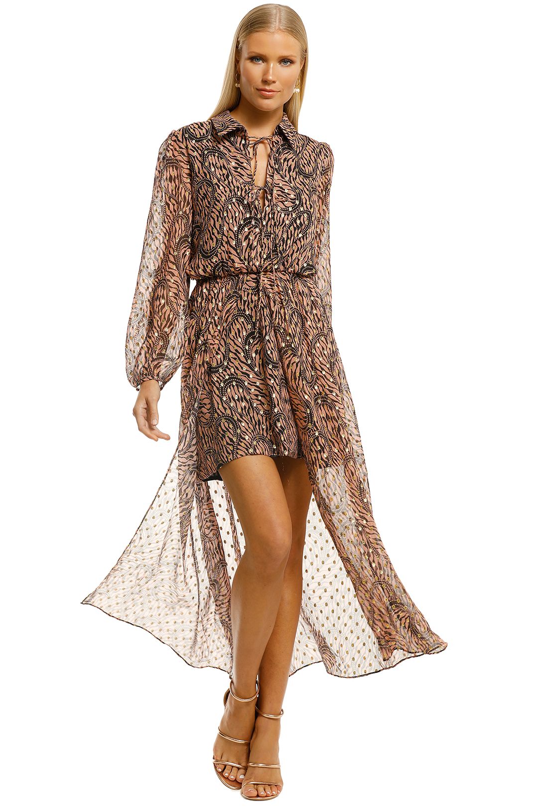 stevie may golden frill midi dress
