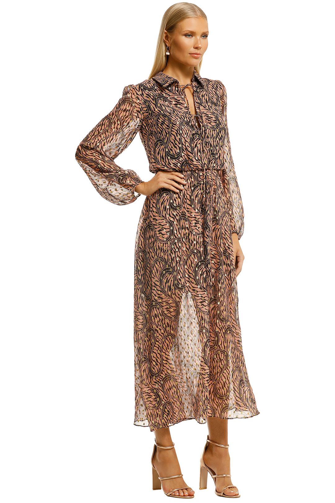 stevie may golden frill midi dress