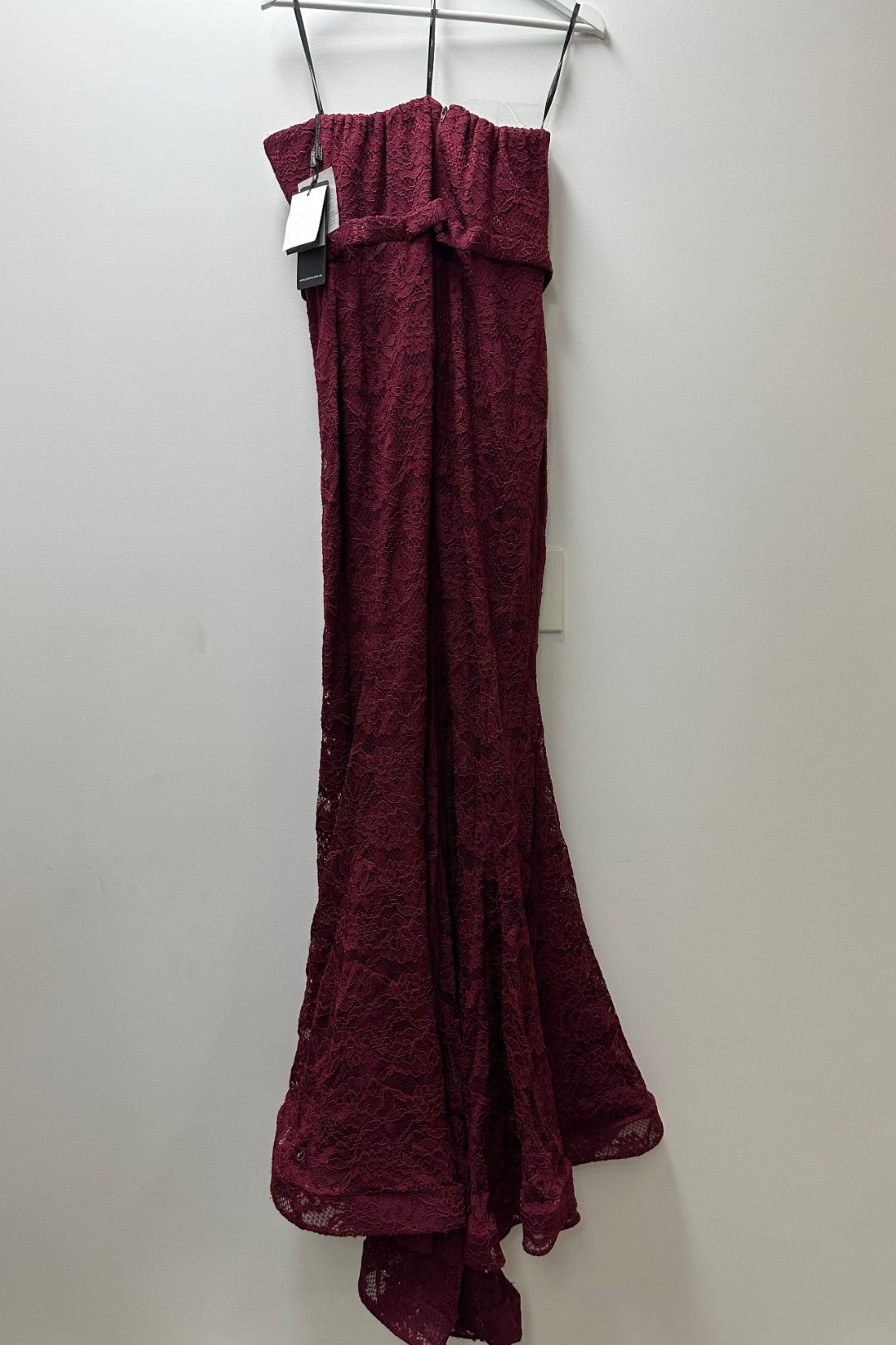 Jadore Strapless Lace Evening Gown in Maroon