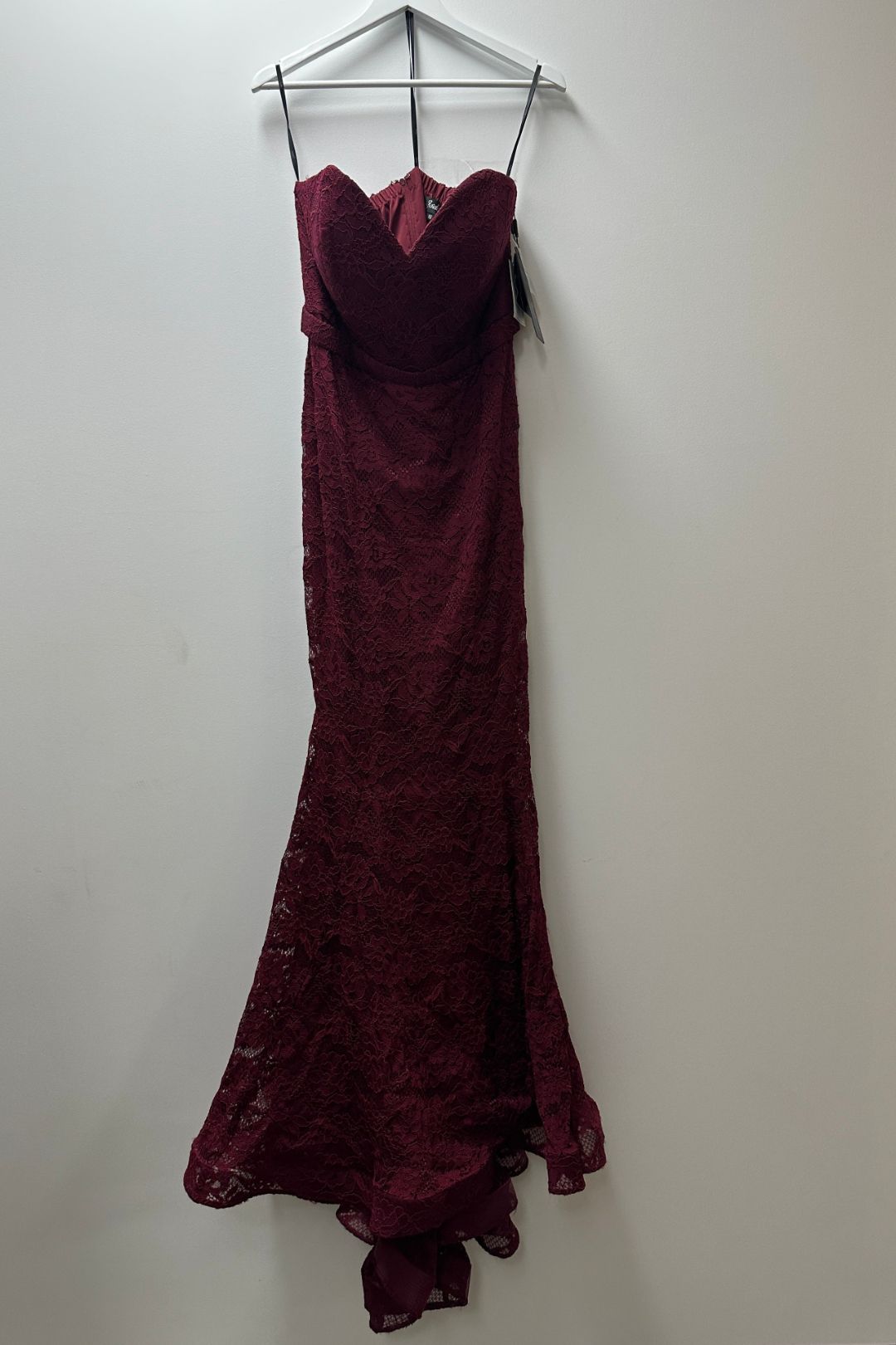 Jadore Strapless Lace Evening Gown in Maroon