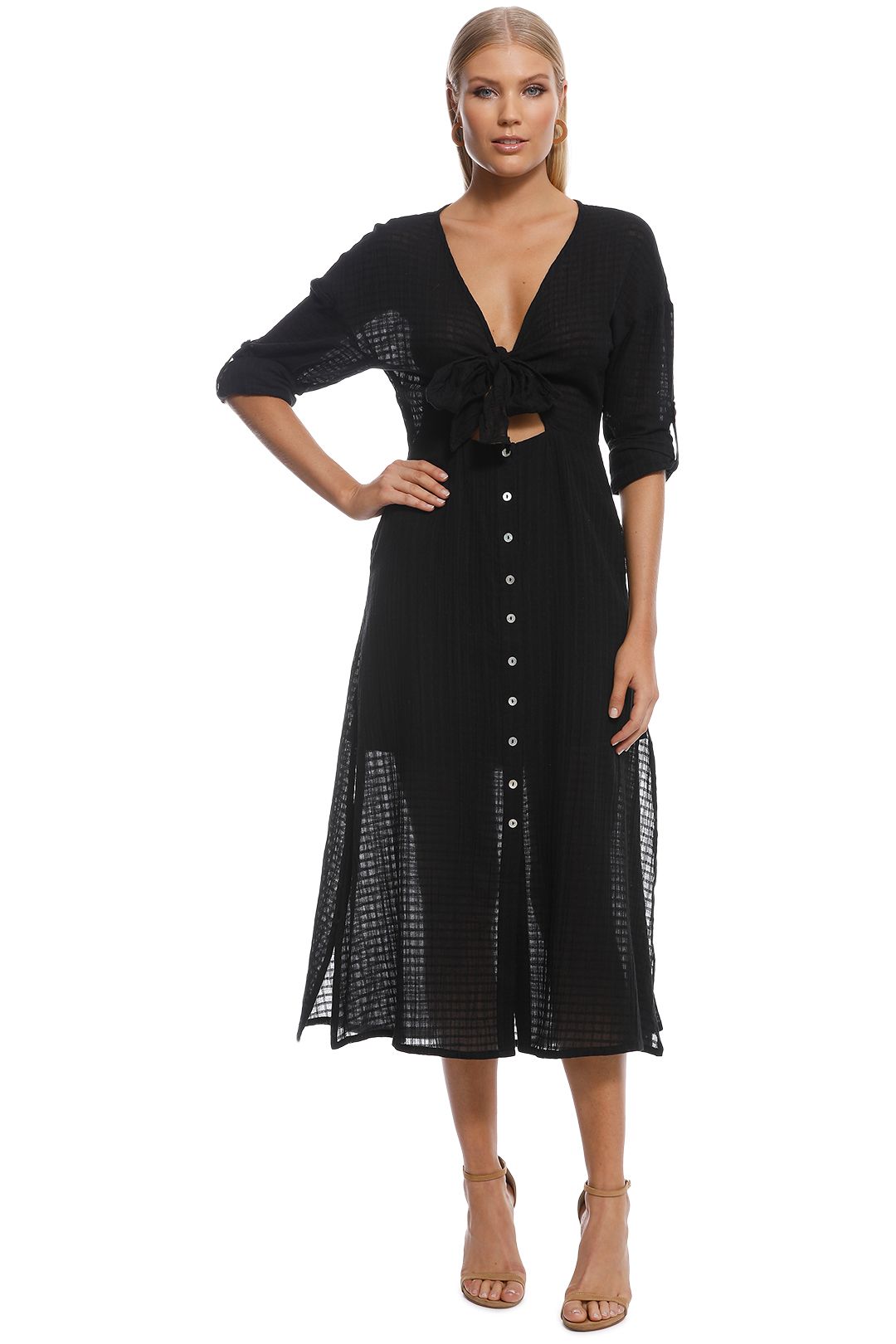 Eclipse Tie Front Midi Dress in Black Leaf by Suboo for Rent | GlamCorner