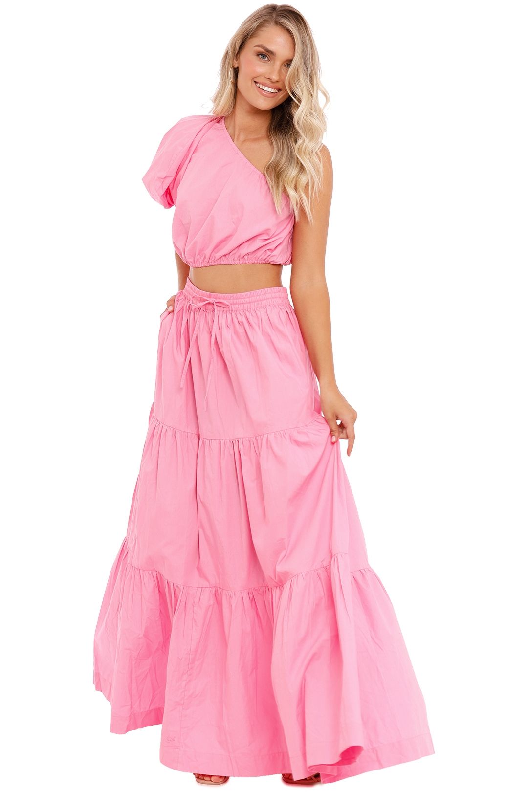 SWF Puff Sleeve Crop and Tiered Maxi Skirt Set Pink high waist