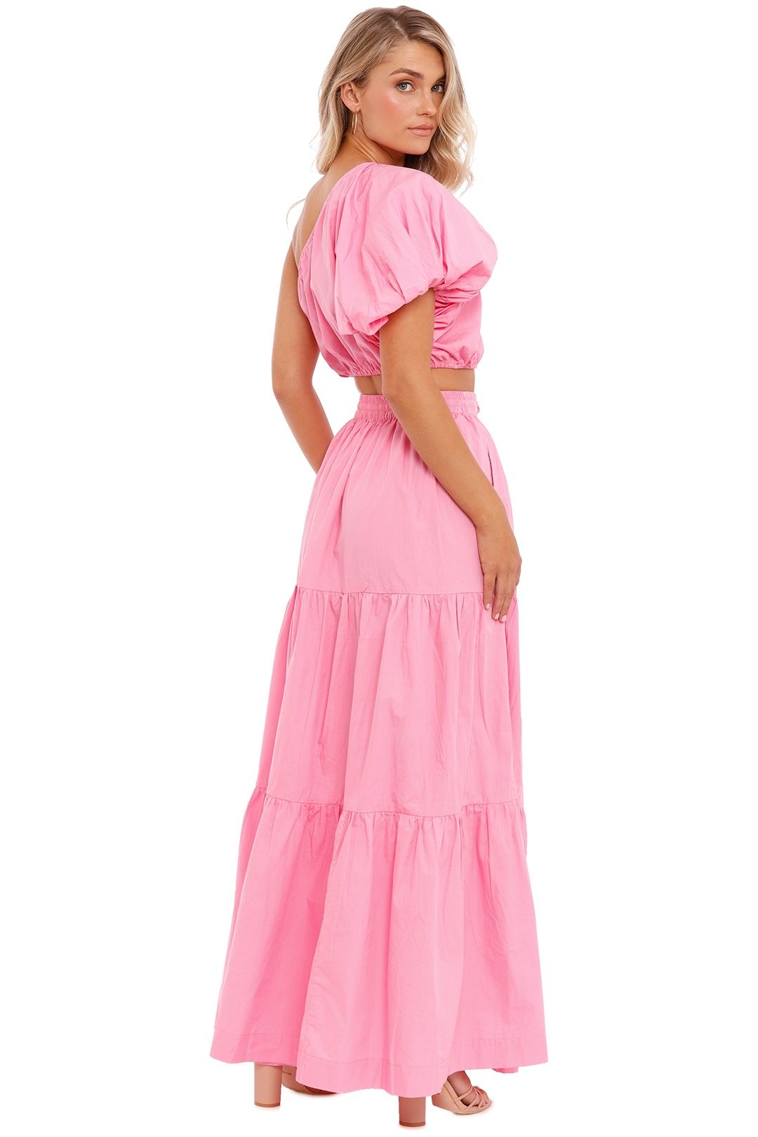 SWF Puff Sleeve Crop and Tiered Maxi Skirt Set Pink