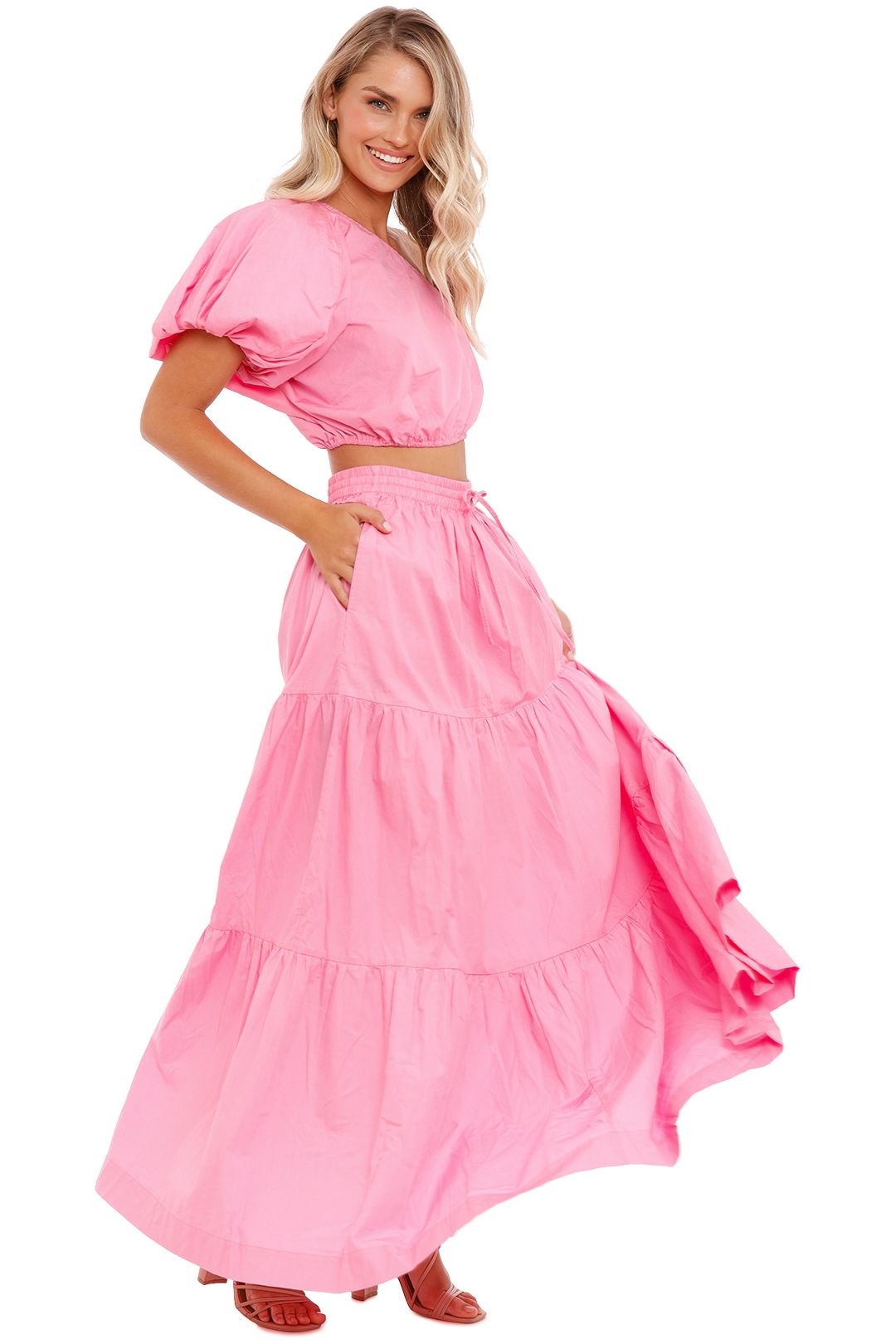 SWF Puff Sleeve Crop and Tiered Maxi Skirt Set Pink balloon