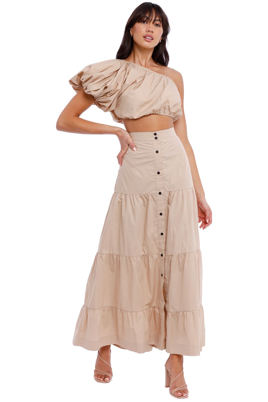 SWF Puff Sleeve Crop and Tiered Maxi Skirt Set Sand