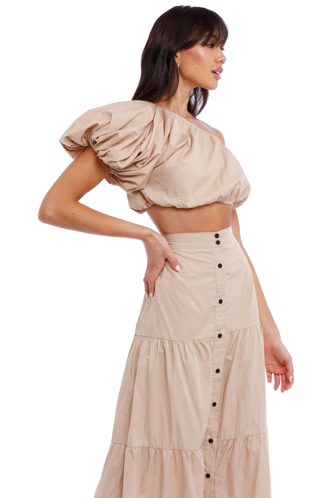 SWF Puff Sleeve Crop and Tiered Maxi Skirt Set Sand Short Sleeve