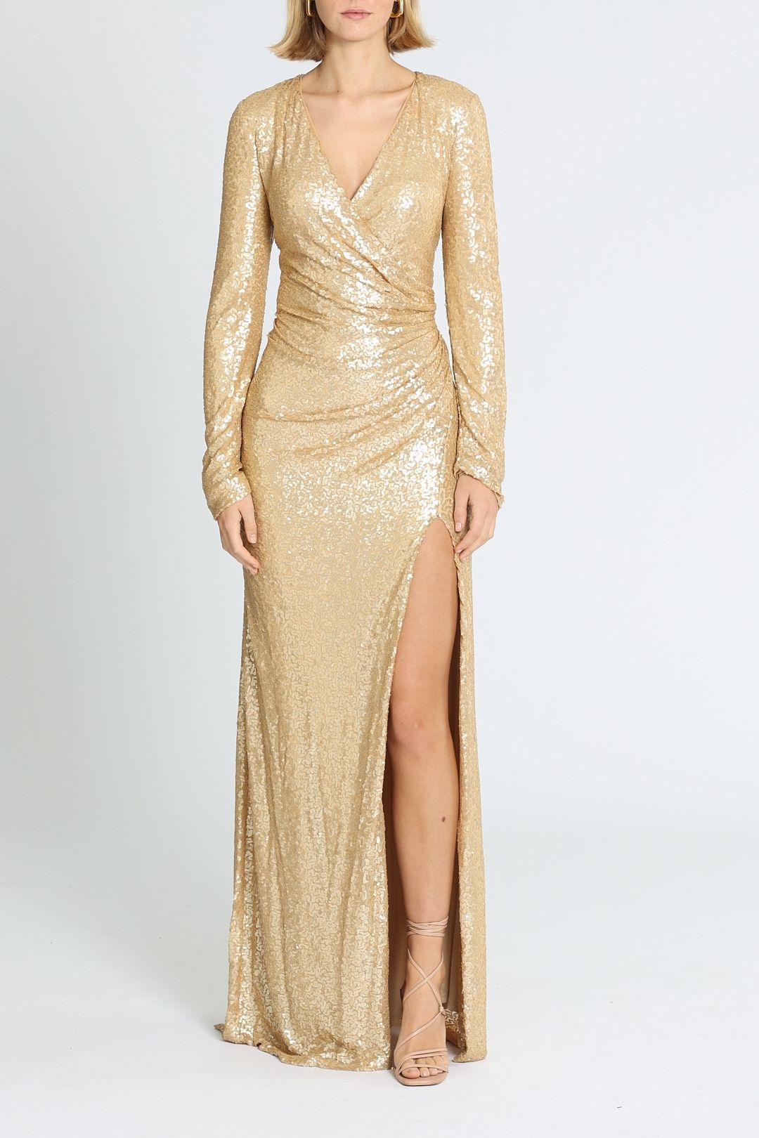 Tadashi Shoji - Angelique Gold Drape Gown Sequins