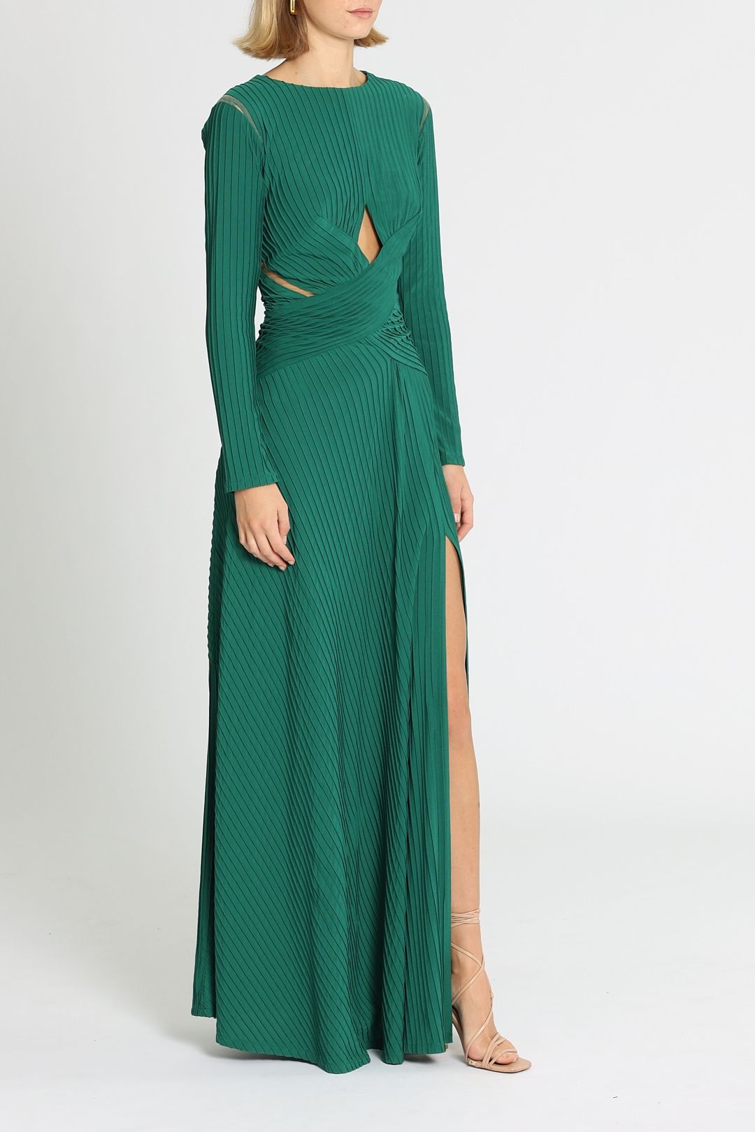 Bollani Pintuck Cutout Gown in Forest by Tadashi Shoji for Rent