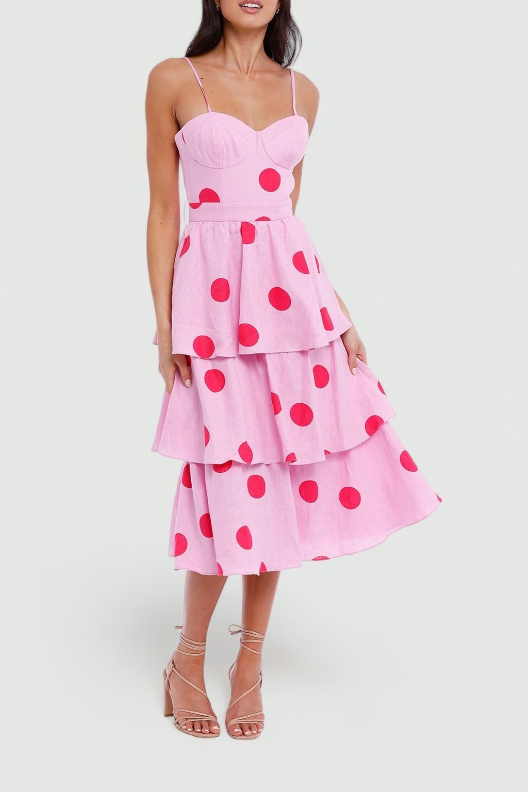 Hire Dalia Midi Dress in Pink Polka Dot | Rebecca Vallance