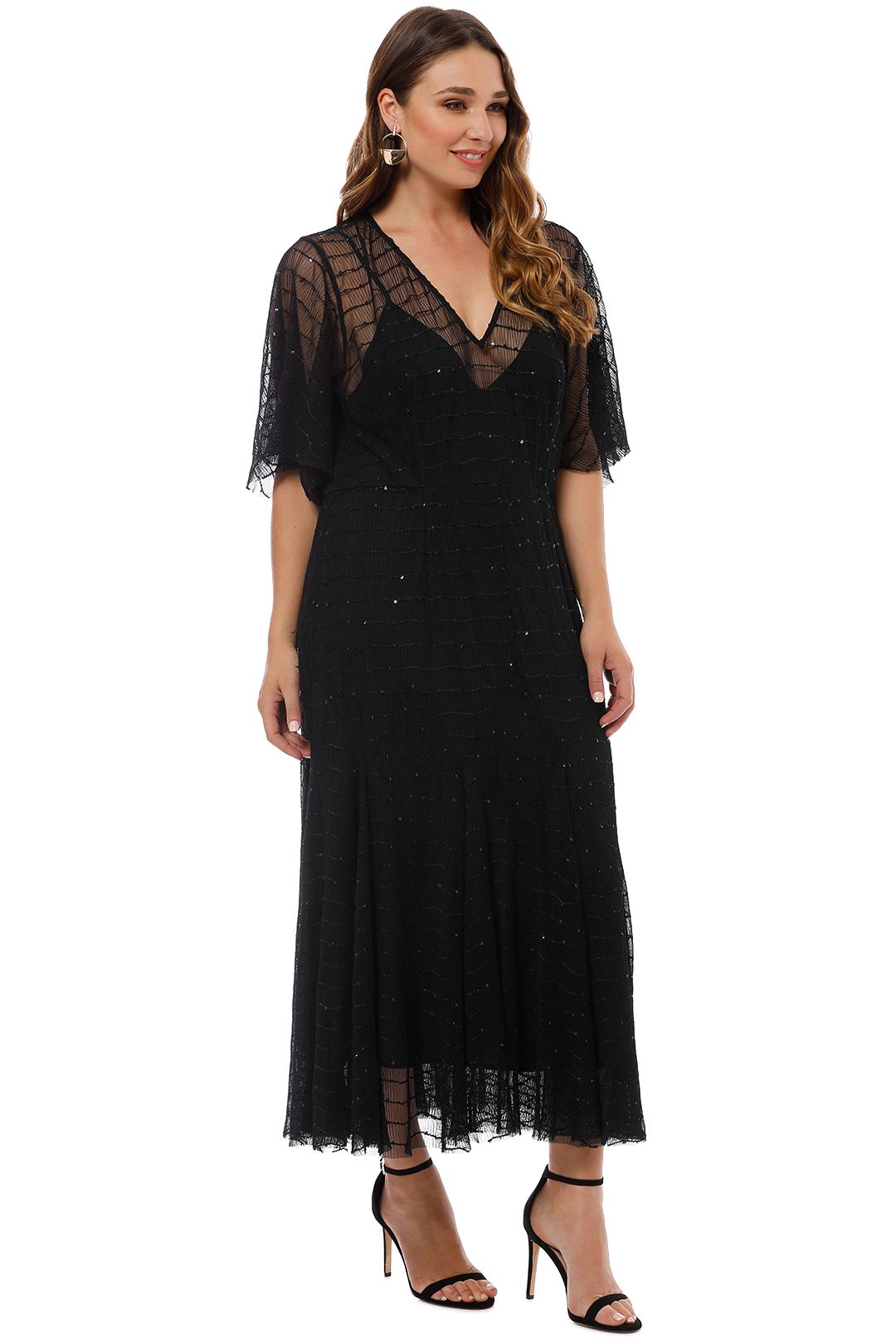 black maxi dress with denim jacket