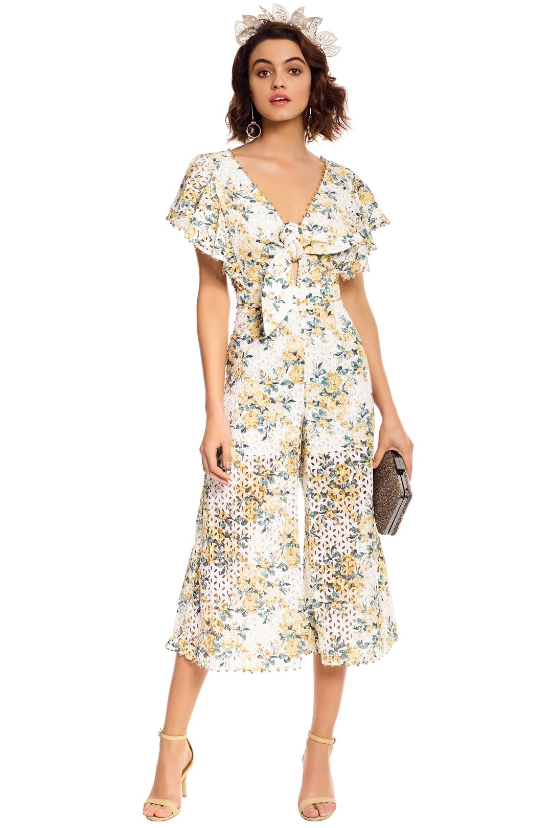Talulah - Tash Jumpsuit - White Floral Green - Front