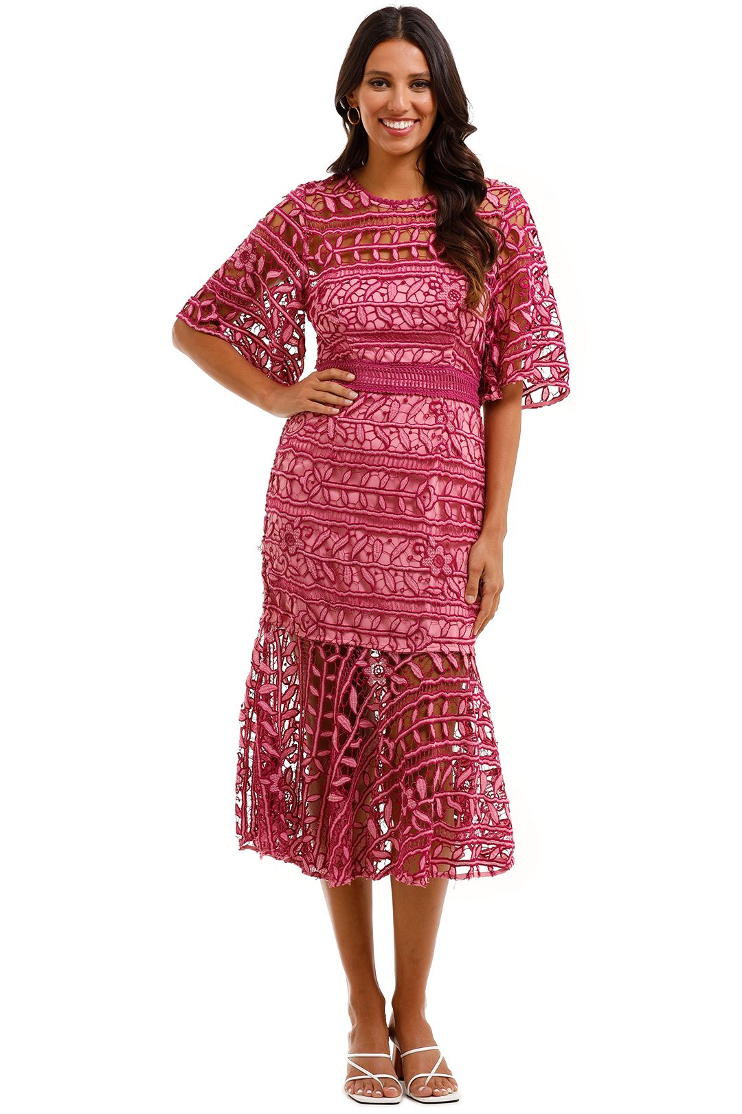 Talulah Caprice Midi Dress Pink Multi Leaves Lace