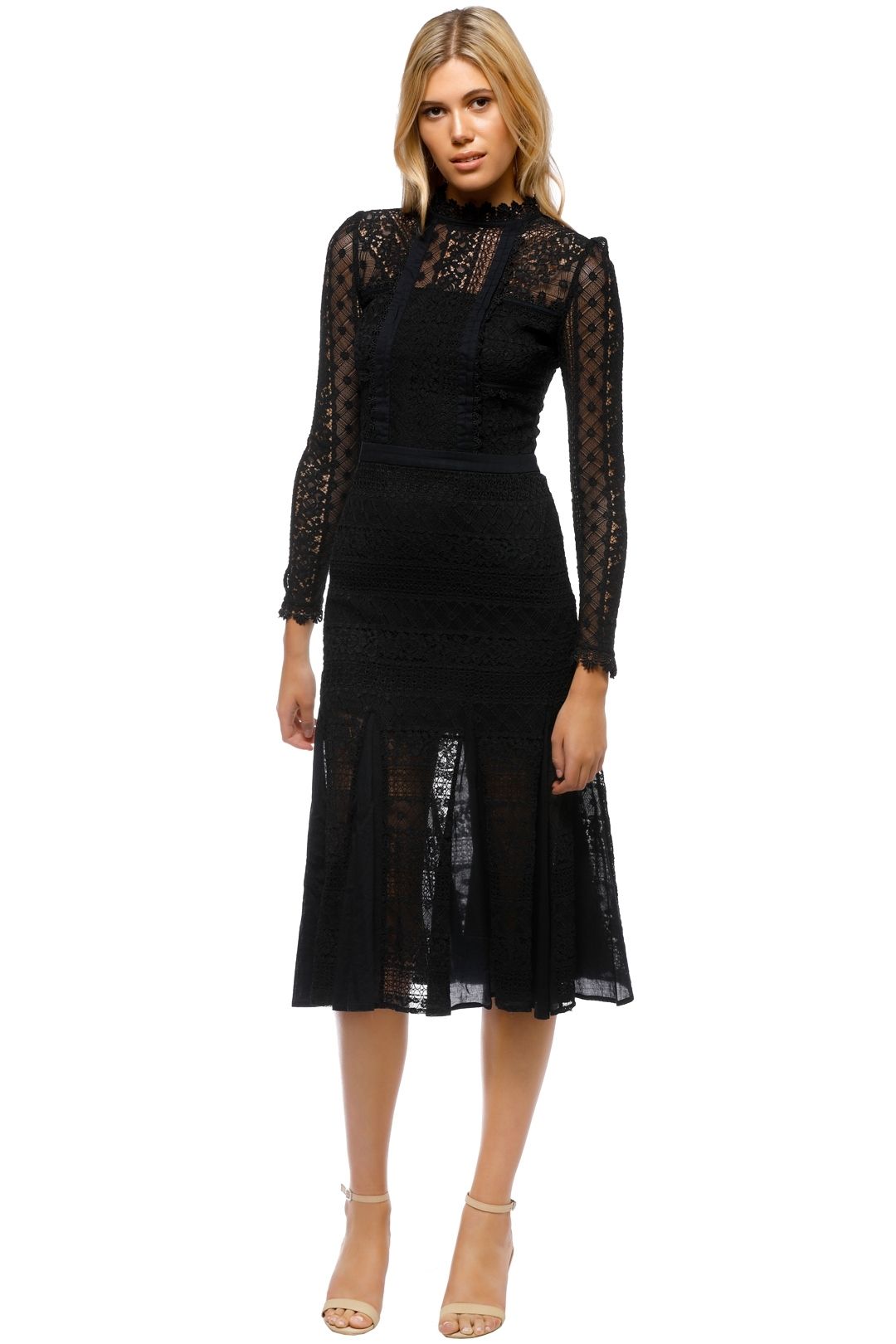 Temperley London - Desdemona Long Sleeved Lace Midi Dress - Black - Front