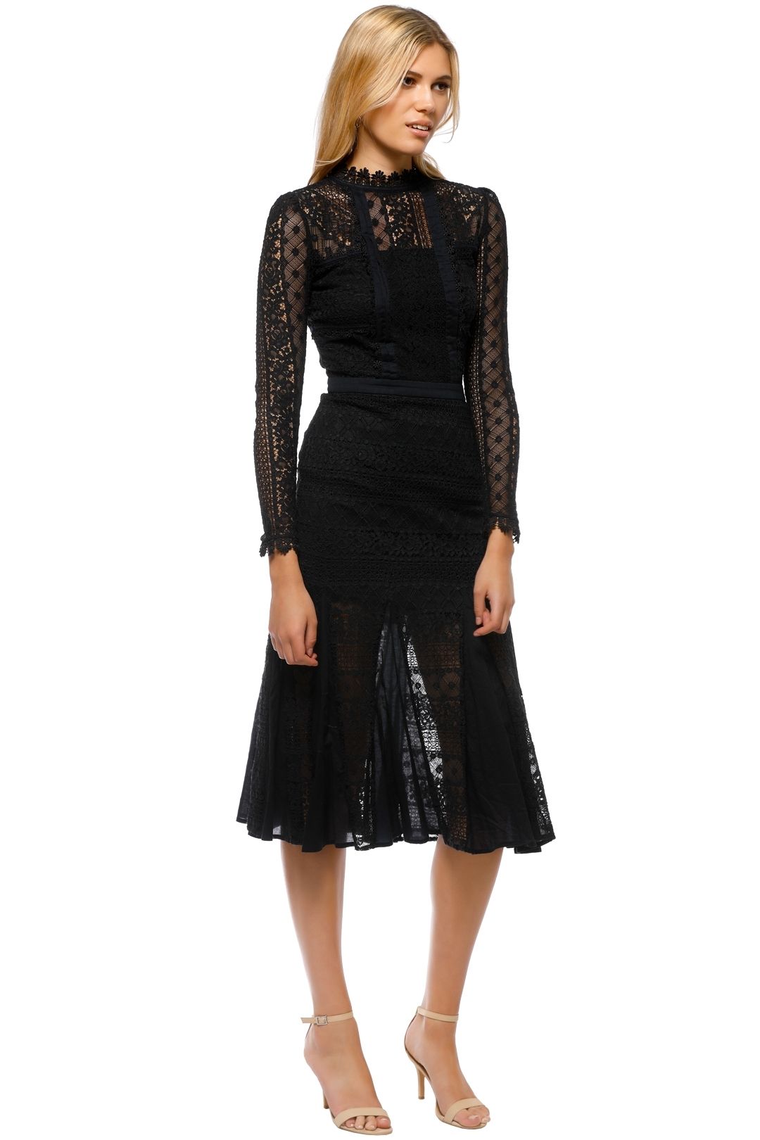 Temperley London - Desdemona Long Sleeved Lace Midi Dress - Black - Side