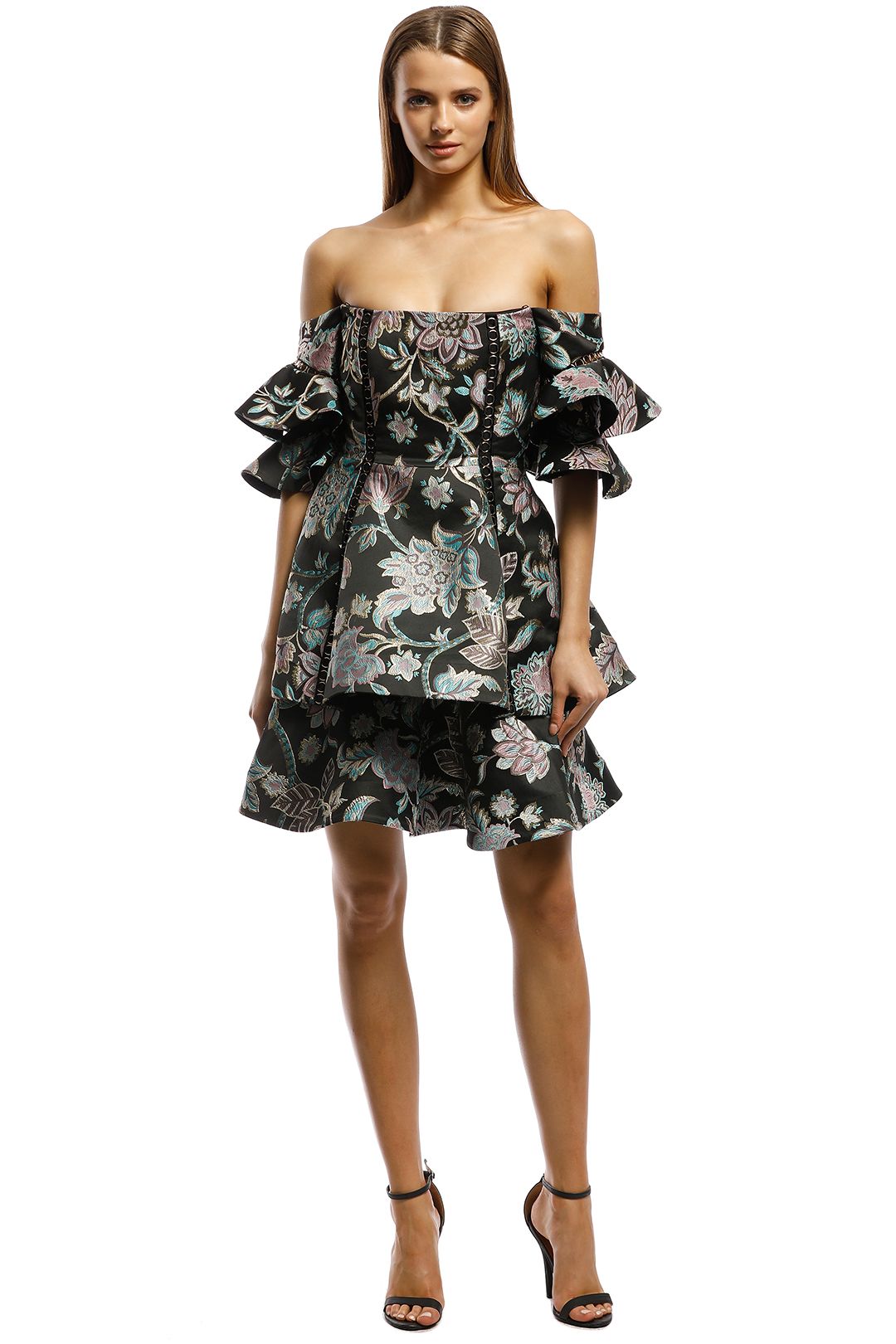 Thurley-Oriental Chintz Jacquard Mini Dress-Multi-Front