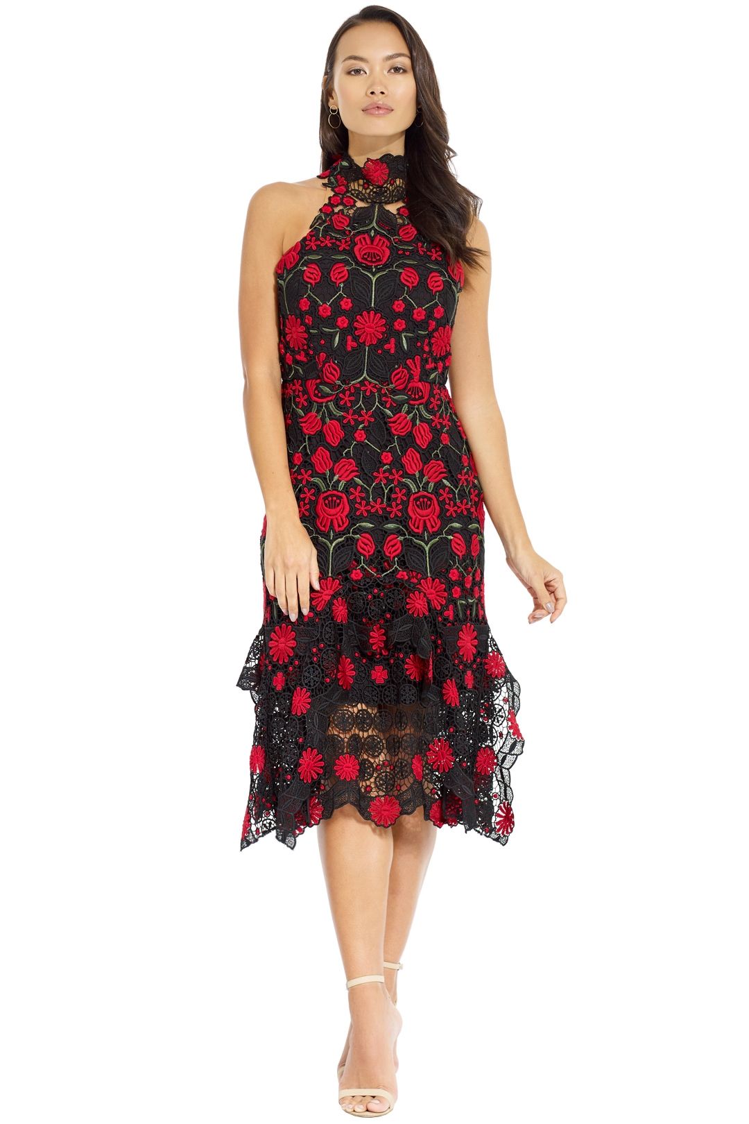 asos design dipped hem maxi dress with 3d embellishment and ruffle sleeve