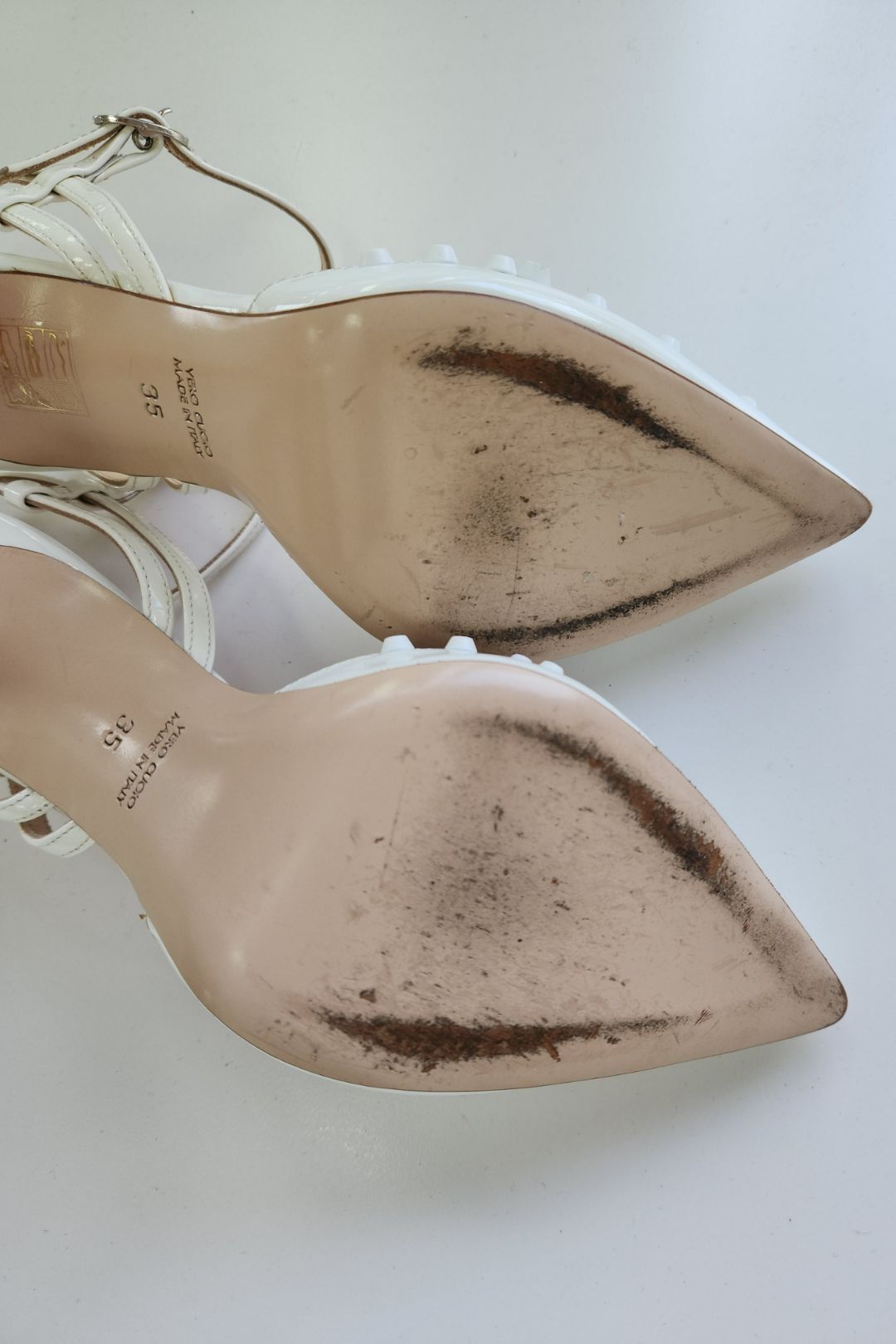 Vernice Bianca Patent White Studded Heels