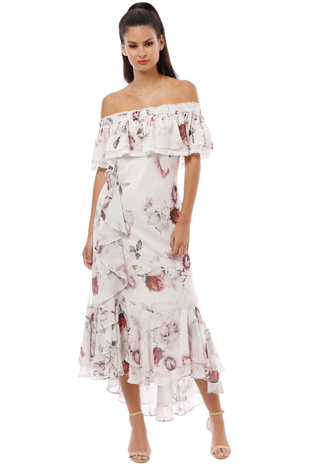We Are Kindred - Jemima Off Shoulder Bias Dress - White Rose - Front