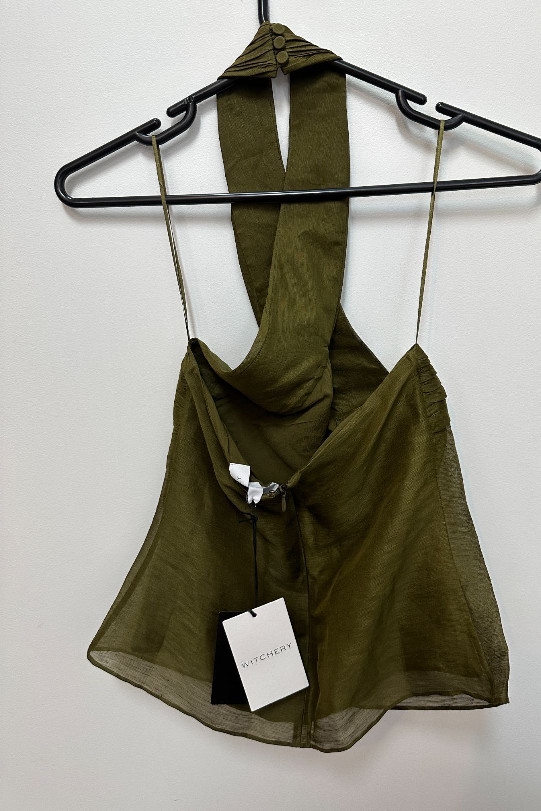 Witchery Cross Silk Linen Halter Top in Green