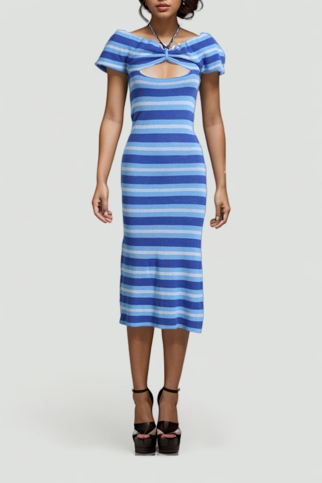 Kinga Csilla Off Shoulder Blue Striped Midi Dress