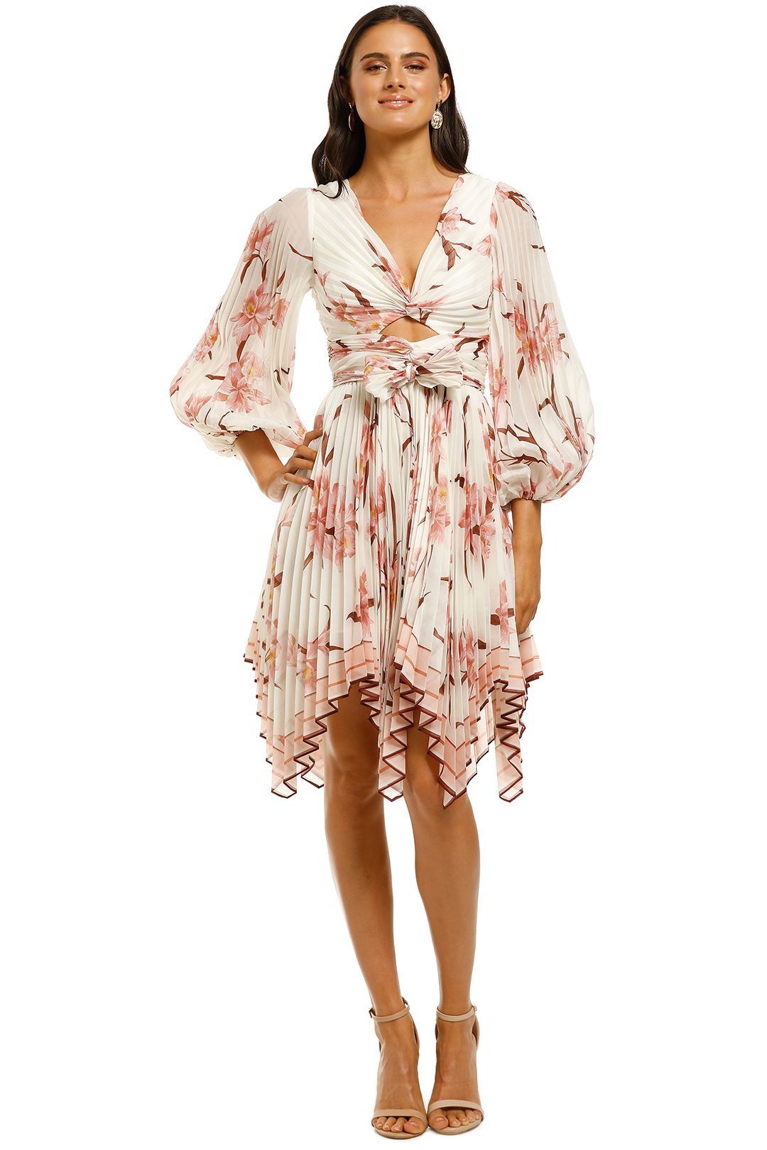 Image of Zimmermann - Corsage Pleat Mini Dress - Ivory/Peach Orchid